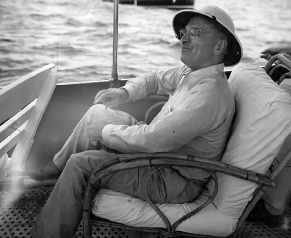 Truman relaxes aboard the presidential yacht USS Williamsburg during a vacation cruise to Bermuda, August 1946